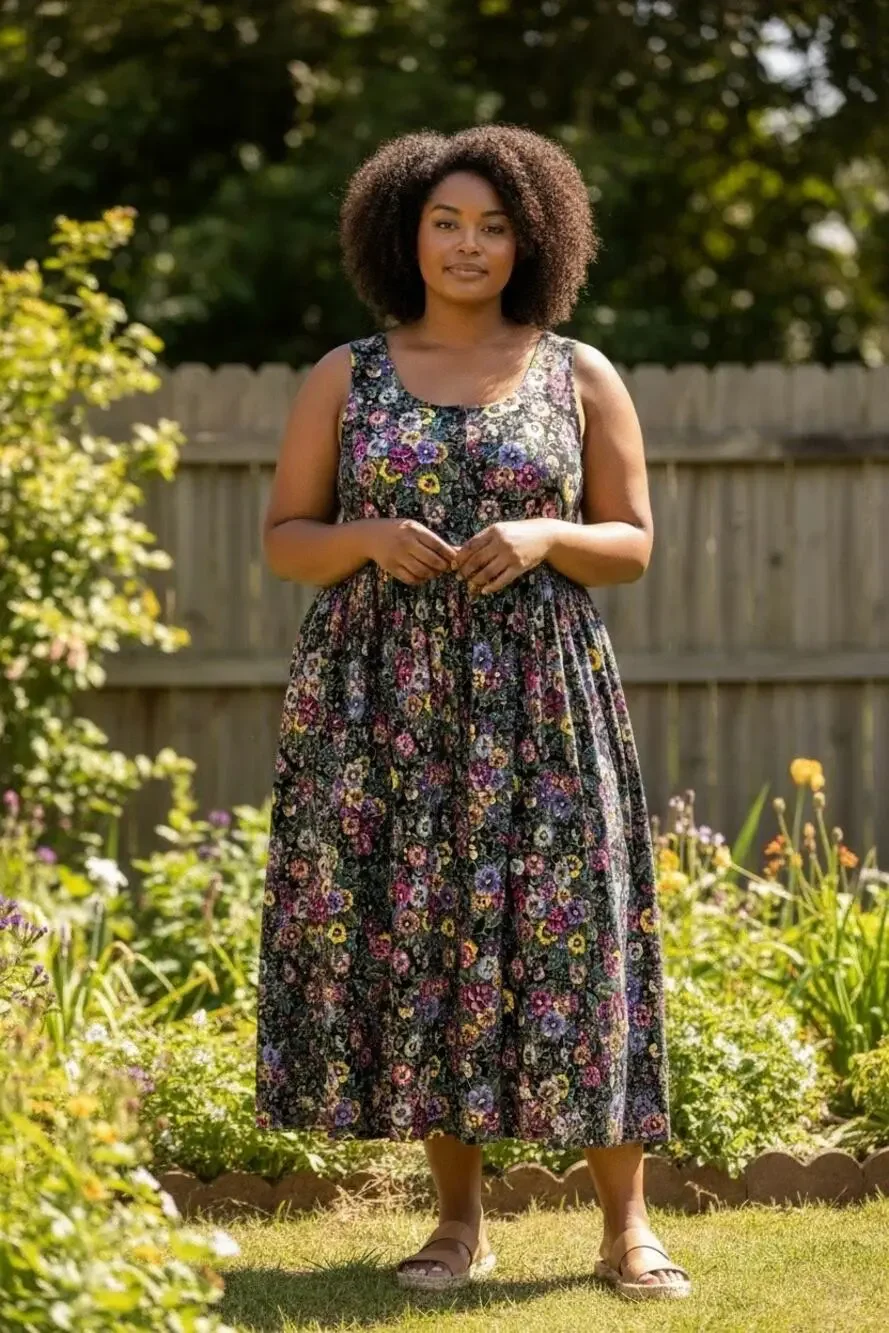 Vintage Pineapple Patch XXL Floral Cotton Midi Dress Black Sleeveless - Picture 1 of 6